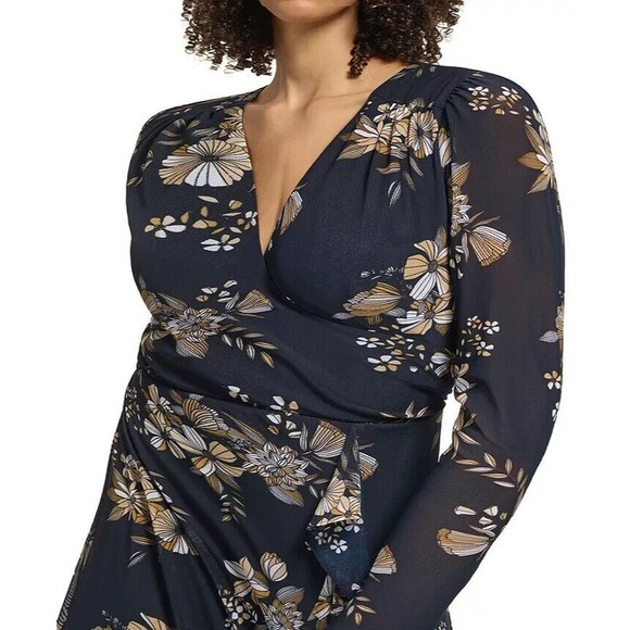 Tommy Hilfiger Plus Size Floral-Print Mesh Fit & Flare, Sky Captain, Size 20W - Picture 3 of 3